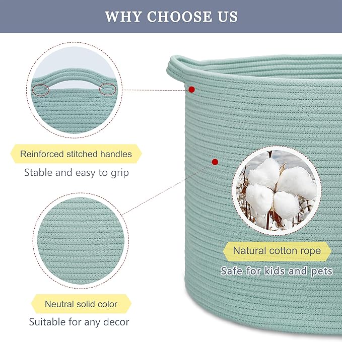 Extra Large Blanket Basket 87L, Laundry Hamper, Baby Nursery Hamper for Storage Toys Clothes Towels, Large Cotton Rope Laundry Basket for Girls Boys, 22”x 14”, Light Green