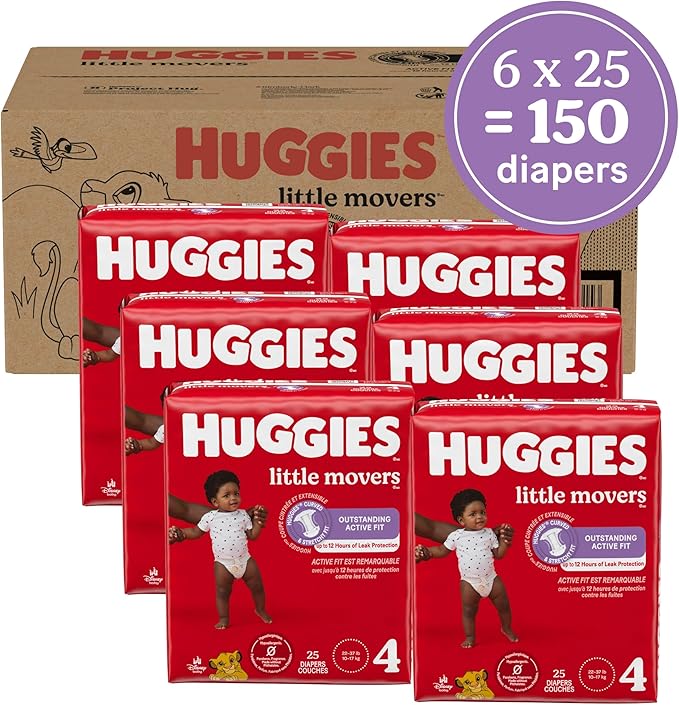 Huggies Size 4 Diapers, Little Movers Baby Diapers, Size 4 (22-37 lbs), 150 Count (6 Packs of 25), Packaging May Vary
