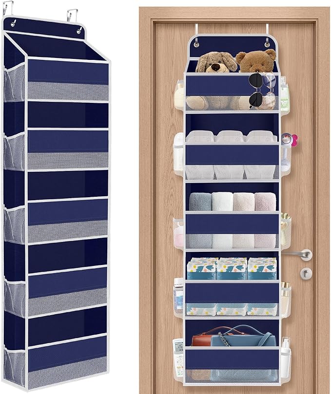 1 Pack Over The Door Organizer, Hanging Storage Organizer with Clear Window, 40lb Ultra Sturdy Large Capacity Room Organizer for Pantry Laundry Bathroom Nursery Closet (Blue)