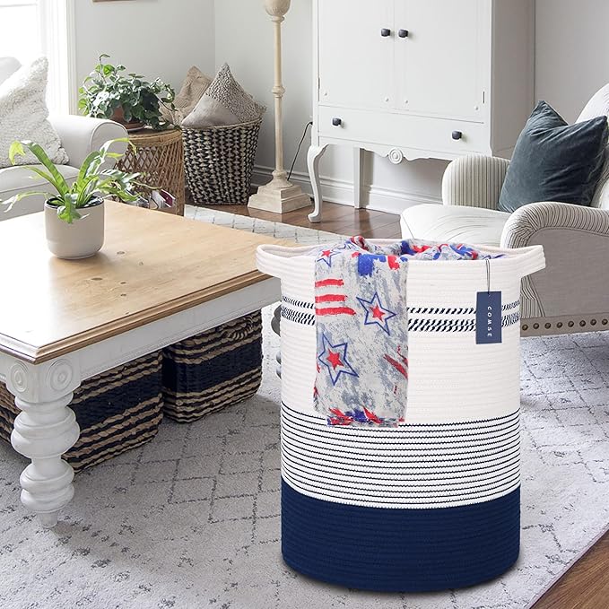 COMSE Extra Large Blanket Basket, Tall Laundry Basket, Nursery Hamper, 15.7”x 21.7”, Cotton Rope Woven Laundry Hamper for Storage Toys Clothes Towels, Navy Blue & White
