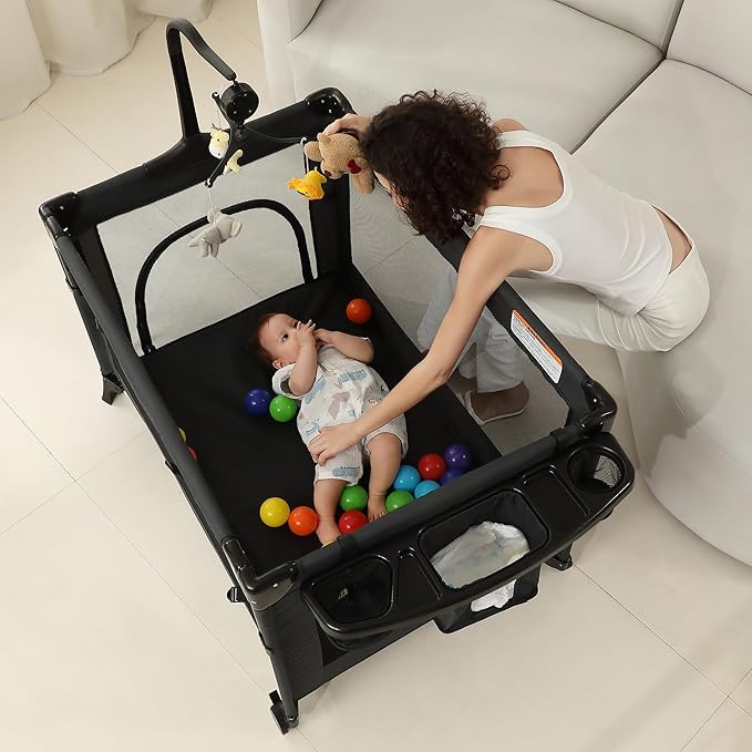 5 in 1 Pack and Play, Baby Bassinet Bedside Sleeper, Baby Playard, Bedside Crib with Changing Table, Foldable Travel Playard for Newborn to Toddles (Black)