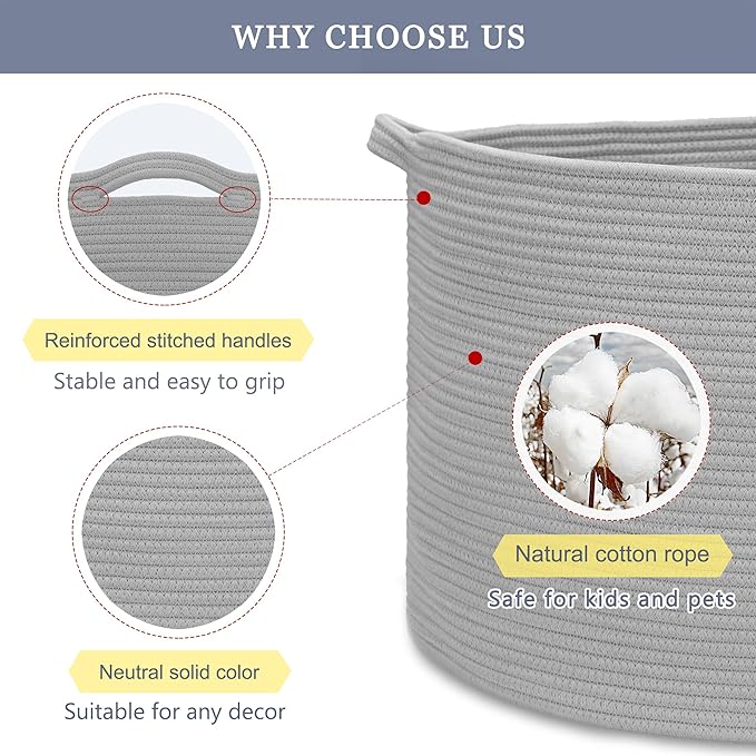 Extra Large Blanket Basket 87L, Laundry Hamper, Baby Nursery Hamper for Storage Toys Clothes Towels, Large Cotton Rope Laundry Basket for Girls Boys, 22”x 14”, Light Gray