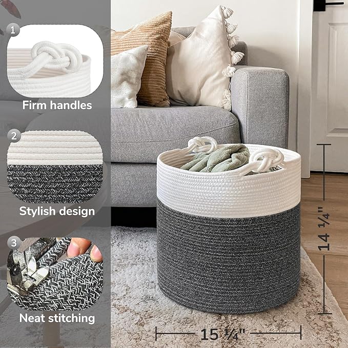 Goodpick Baby Storage Basket, Cotton Rope Laundry Basket for Blankets, Clothes 15 x 14.2 Inches, Nursery Woven Storage Organizing for Toys, Grey