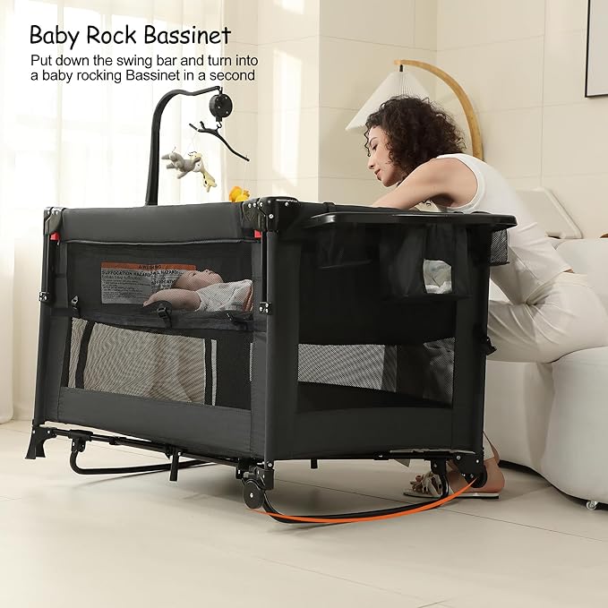 5 in 1 Pack and Play, Baby Bassinet Bedside Sleeper, Baby Playard, Bedside Crib with Changing Table, Foldable Travel Playard for Newborn to Toddles (Black)