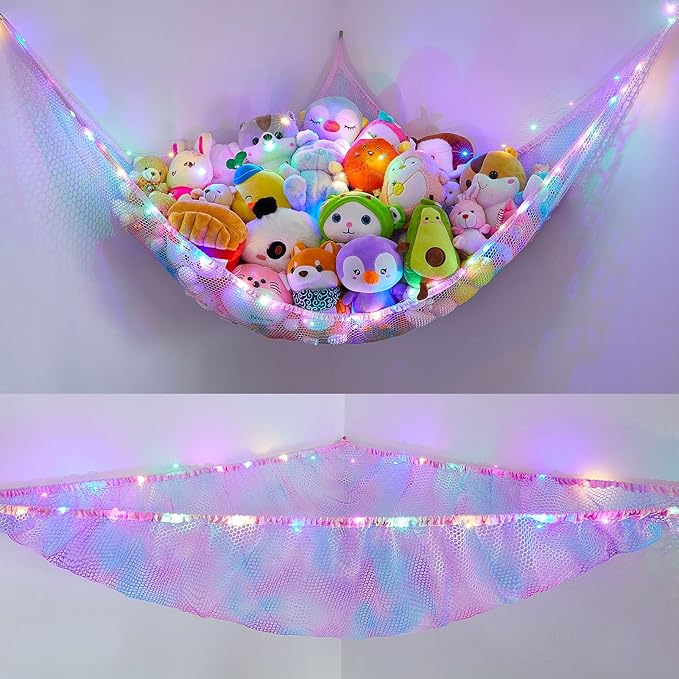 Unicorn Castle Stuffed Animals Net or Hammock Kids Toy Storage Organizer with LED Light Hanging Corner Stuffed Animals Holder Kids Girls Room Decor (Pack of 1)