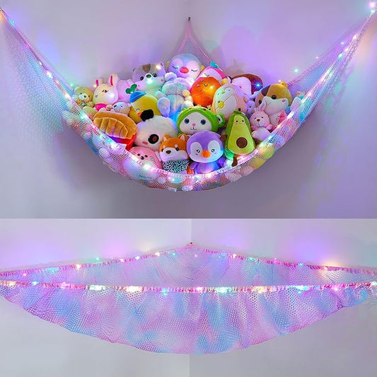 Unicorn Castle Stuffed Animals Net or Hammock Kids Toy Storage Organizer with LED Light Hanging Corner Stuffed Animals Holder Kids Girls Room Decor (Pack of 1)