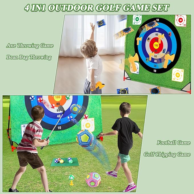 Mostop Golf Chipping Game with Stand - Golf Target Battle Game with Putting Mat, 12 Sticky Balls, 6 Axes, 2 Soccer Balls, 8 Bean Bags, Outdoor Golf Yard Game for Chipping Practice for Dads Golfers