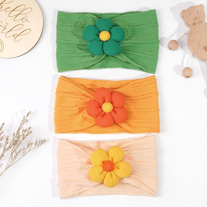 CÉLLOT Baby Flower Headbands Baby Girls Nylon Headbands Baby Essentials Stretchy Hairbands Handmade Hair Accessories for Newborn Infant Toddlers Kids (Salmon+Yellow+Green)