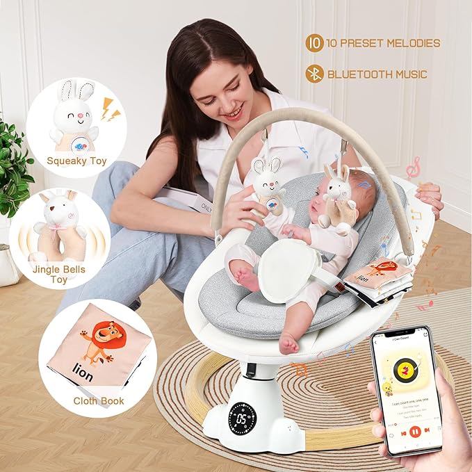 Baby Swing for Infants, Portable Electric Baby Swings with Bluetooth, 5 Swing Speed, 10 Lullabies, 5-Point Harness, Remote Control & Touch Panel - Infant Swing for Indoor & Outdoor Use, Wood Grain