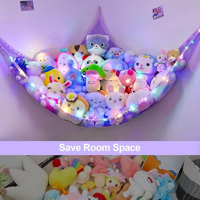 Unicorn Castle Stuffed Animals Net or Hammock Kids Toy Storage Organizer with LED Light Hanging Corner Stuffed Animals Holder Kids Girls Room Decor (Pack of 1)