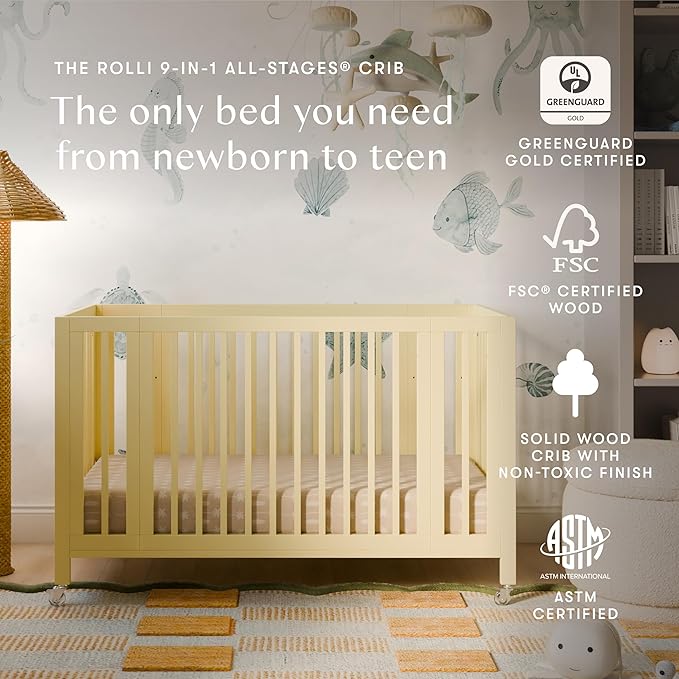 Babyletto Rolli 9-in-1 Convertible Baby Crib with Wheels - Includes Conversion Kits for Bassinet, Standard Crib, Toddler Bed, Daybed & Junior Bed - GREENGUARD Gold - 3 Adjustable Heights - Pale Yellow