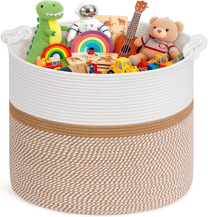 Goodpick 17"x16" Toy Storage for Kids, Home Décor Living Room, Woven Laundry Basket for Blankets Pillows Clothes, Baby Basket for Fall Decorations, White & Camel