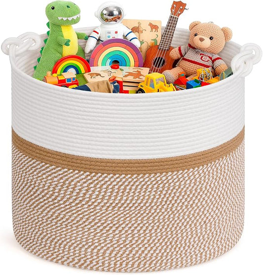 Goodpick 17"x16" Toy Storage for Kids, Home Décor Living Room, Woven Laundry Basket for Blankets Pillows Clothes, Baby Basket for Fall Decorations, White & Camel