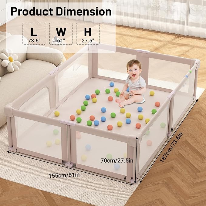 Foldable Playpen with Mat for Babies and Toddlers, 73" x 61" Baby Play Pen for Indoor & Outdoor, Playard with Soft Breathable Mesh, Pull-Link and Ocean Balls, Pink