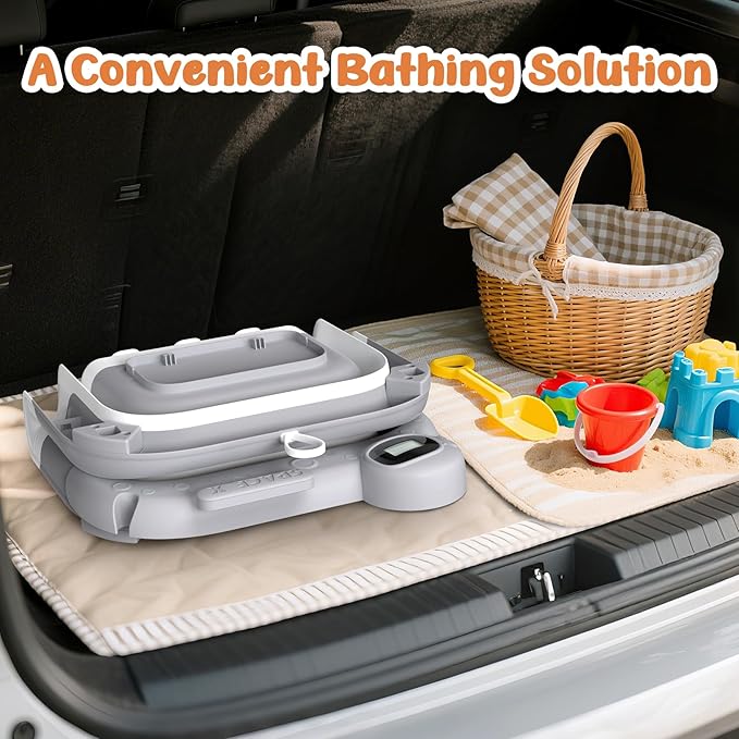 Collapsible Baby Bathtub for Newborn,Baby Tub with Soft Floating Cushion & Thermometer for Infant to Toddler,Portable Travel Bathtub with No-Slip Feet for 0-36 Months-Gray