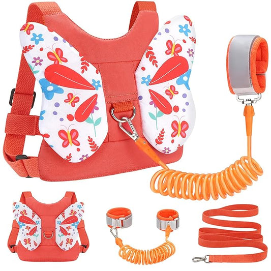 Toddler Harness Leash, Accmor 3 in 1 Cute Butterfly Kids Leash +Anti Lost Wrist Link for Outdoor Travel, Adorable Child Walking Harness Wristband Assistant Strap Belt Protector for Baby Girls (Orange)