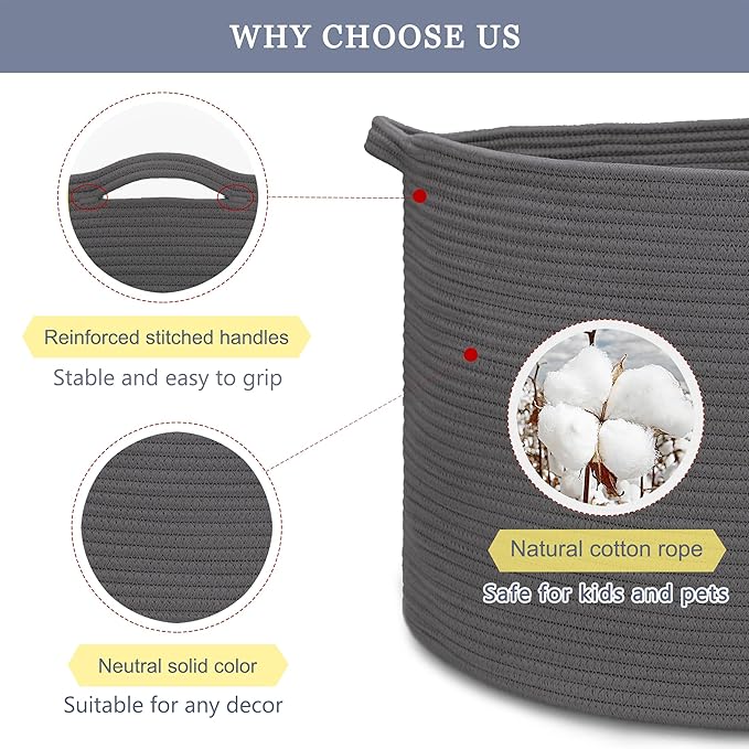 Extra Large Blanket Basket 87L, Laundry Hamper, Baby Nursery Hamper for Storage Toys Clothes Towels, Large Cotton Rope Laundry Basket for Girls Boys, 22”x 14”, Dark Gray