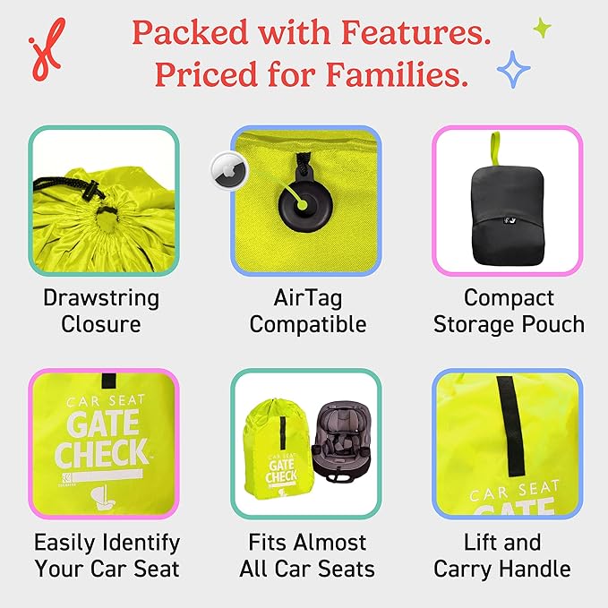 J.L. Childress Gate Check Travel Bag for Car Seats - Car Seat Travel Bag for Airplane, Includes AIRTAG Holder, Fits All Baby Car Infant Carriers & Child Booster Seats - Neon Yellow
