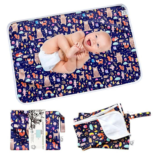 Flockthree Waterproof Baby Changing Pad with Storage Bag (28.7" X 19.7") Washable Wipeable Reusable Leak Proof Diaper Travel Mat Station Changing Mattress Liner Cribs Bed Cover, Animals