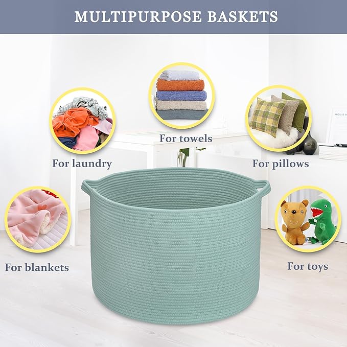 Extra Large Blanket Basket 87L, Laundry Hamper, Baby Nursery Hamper for Storage Toys Clothes Towels, Large Cotton Rope Laundry Basket for Girls Boys, 22”x 14”, Light Green
