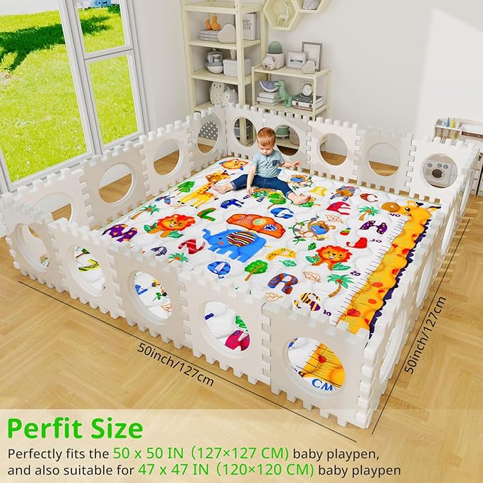 Baby Gyms Playmats for Playpen, 50"×50" Safari Zoo Alphabet Play Mat Waterproof ABC Learning Mat Jungle Themed Nursery Floor Playyards Thicken Soft Polyester Padding for Toddlers Infants
