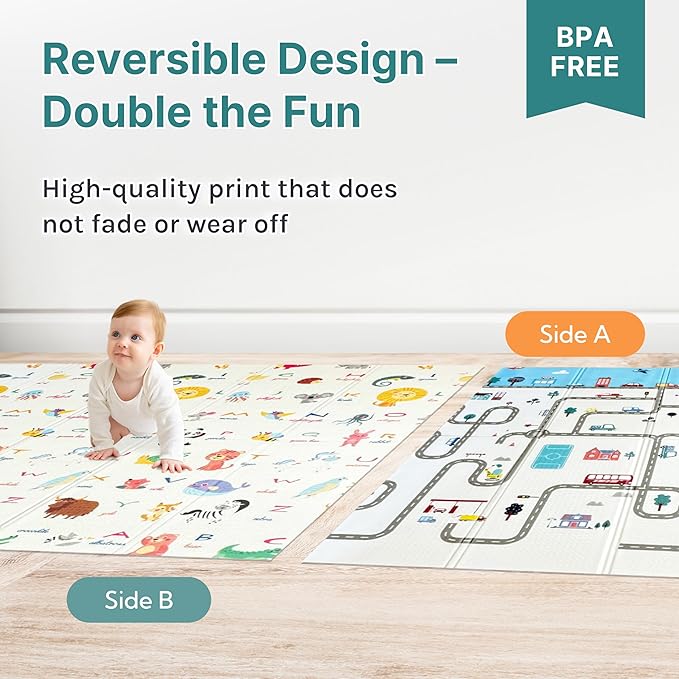 Foldable Baby Play Mat, Extra Large, Non-Toxic, Waterproof Activity Playmats for Babies, Education for Infant, Non-Slip Double Sided (79”x71” 0.6 in Milky) Boys and Girls