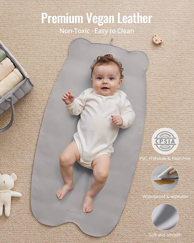 Blissful Diary Vegan Leather Portable Changing Pad, Wipeable & Waterproof Baby Change Mat in Diaper Bag, Travel Essential & Registry Gift, Light Gray