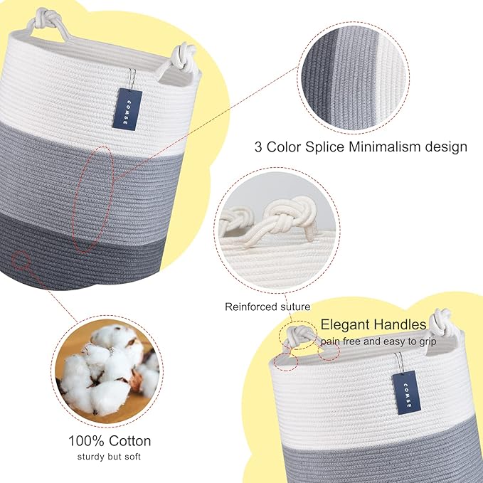 COMSE Laundry Hamper, Extra Large 15.7"x 21.7", Cotton Rope Basket, Portable, White & Light Gray & Dark Gray