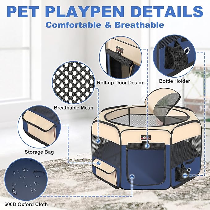 Aivituvin Dog Playpen Foldable Waterproof Pet Play Pens for Cat, Puppies, Rabbits, Chickens, Durable Portable Pet Tent for Travel Camping Indoor/Outdoor Blue XL