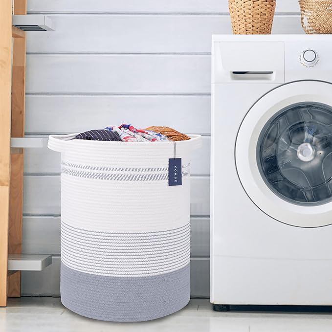 COMSE Extra Large Blanket Basket, Tall Laundry Basket, Nursery Hamper, 15.7”x 21.7”, Cotton Rope Woven Laundry Hamper for Storage Toys Clothes Towels, Light Gray & White