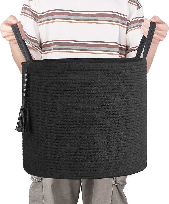 Mkono Woven Storage Basket Decorative Natural Rope Basket Wooden Bead Decoration for Blankets,Toys,Clothes,Shoes,Plant Organizer Bin with Handles Living Room Home Decor, 16"W×13.8"L, Black