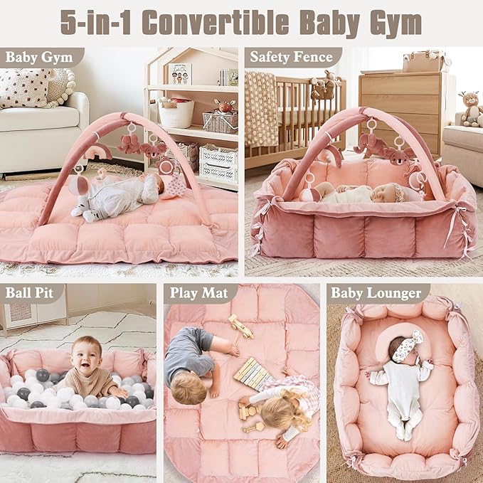 5-in-1 Plush Baby Play Gym, Baby Play Mats, Convertible Baby Gym with Pillow, Tummy time mat, Baby&Ped Bed, 6 Sensory Toys, Activity Center from Newborn to Toddler, Ball Pit, Rectangular Pink