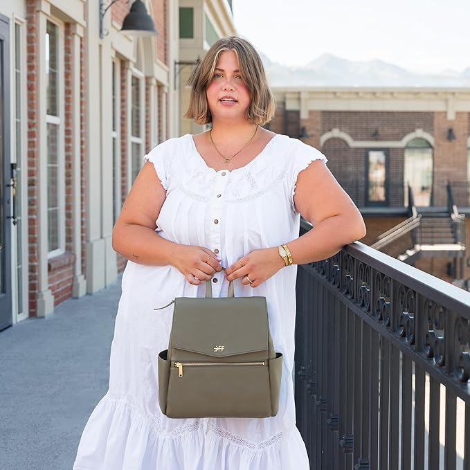 Freshly Picked Mini Classic Diaper Bag Backpack, Wipeable Vegan Leather Baby Diaper Bag, 8 Pockets Total (Sage Green)