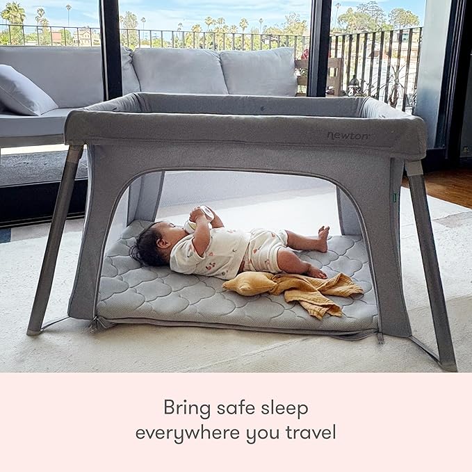 Newton Baby Compact Travel Crib & Play Yard | Breathable & Washable Mattress, Foldable Carry-On Size, Backpack Straps, Gray, Newton Bassinet Attachment NOT Compatible