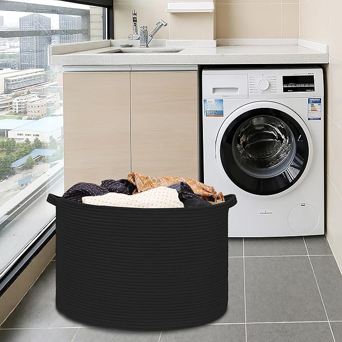Extra Large Blanket Basket 87L, Laundry Hamper, Baby Nursery Hamper for Storage Toys Clothes Towels, Large Cotton Rope Laundry Basket for Girls Boys, 22”x 14”, Black