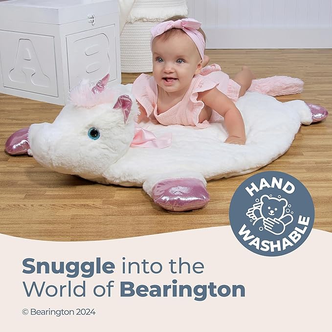 Bearington Baby Dreamer Baby Play Mat - 30 x 30 Inch White and Pink Unicorn Plush Stuffed Animal Blanket - Floor Mat Unicorn Plush Blanket