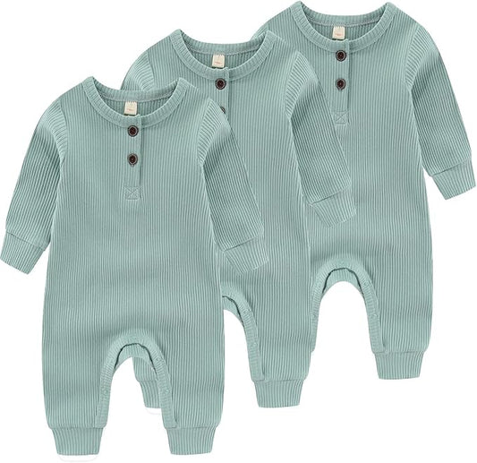 Newborn Baby Boys Girls One Piece Romper With Mitten Cuffs 3 Pack Long Sleeve Ribbed Button Jumpsuit Outfit Clothes