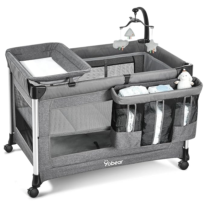 4-in-1 Baby Bassinet with Mattress - One-Push Setup Playard - Bedside Crib with Diaper Changer from Newborn to Toddler (Grey)
