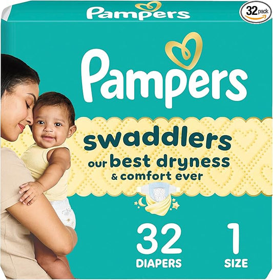 Pampers Swaddlers Diapers, Size 1 (8-14 lbs), 32 Count, Absorbent, Keeps Baby Dry and Comfortable, Skin Safe Disposable Baby Diaper (Packaging May Vary)