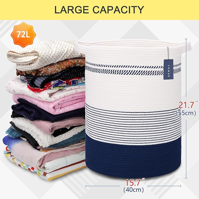 COMSE Extra Large Blanket Basket, Tall Laundry Basket, Nursery Hamper, 15.7”x 21.7”, Cotton Rope Woven Laundry Hamper for Storage Toys Clothes Towels, Navy Blue & White