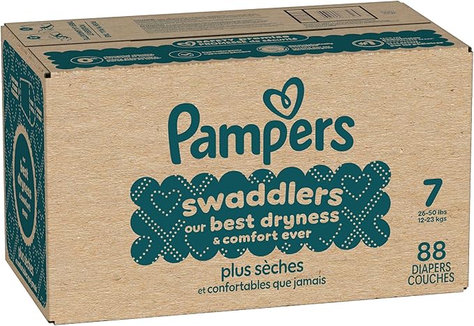 Pampers Swaddlers Diapers, Size 7 (26-50 lbs), 88 Count, Absorbent, Keeps Baby Dry and Comfortable, Skin Safe Disposable Baby Diaper (Packaging May Vary)