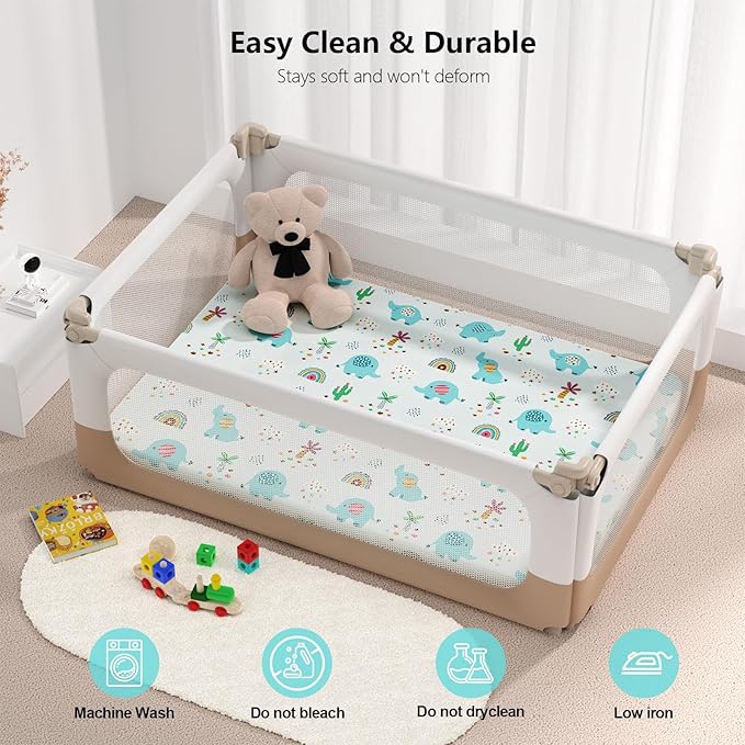 Pack N Play Sheets Fitted, 2-Pack Fit for Standard Pack N Play Mattress, Mini Crib Sheets,Breathable Soft Unisex Playard Sheets (Dumbo & Green)
