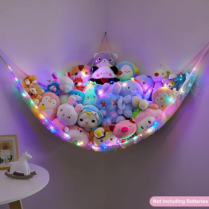 Unicorn Castle Stuffed Animals Net or Hammock Kids Toy Storage Organizer with LED Light Hanging Corner Stuffed Animals Holder Kids Girls Room Decor (Pack of 1)