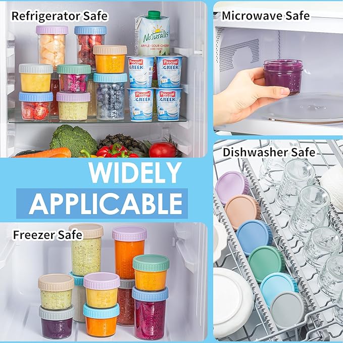 DRKIO 6 Pack Glass Baby Food Storage Containers - 4 & 8 oz Baby Food Jars with Lids Baby Food Maker Microwave Dishwasher Freezer Safe 100% Leak Proof BPA Free Reusable