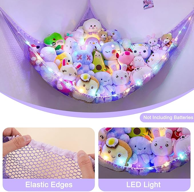 Unicorn Castle Stuffed Animals Net or Hammock Kids Toy Storage Organizer with LED Light Hanging Corner Stuffed Animals Holder Kids Girls Room Decor (Pack of 1)