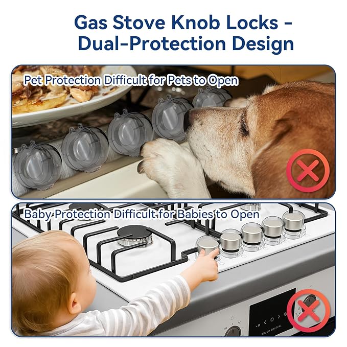 Stove Knob Safety Covers, 5Pcs Universal Size with 5 Heat Alert Stickers Oven Knob Covers for Child Safety, 2nd Gen Kitchen Burner Childproofing, Gas Stove Knob Locks for Kid Baby Pet (Clear)