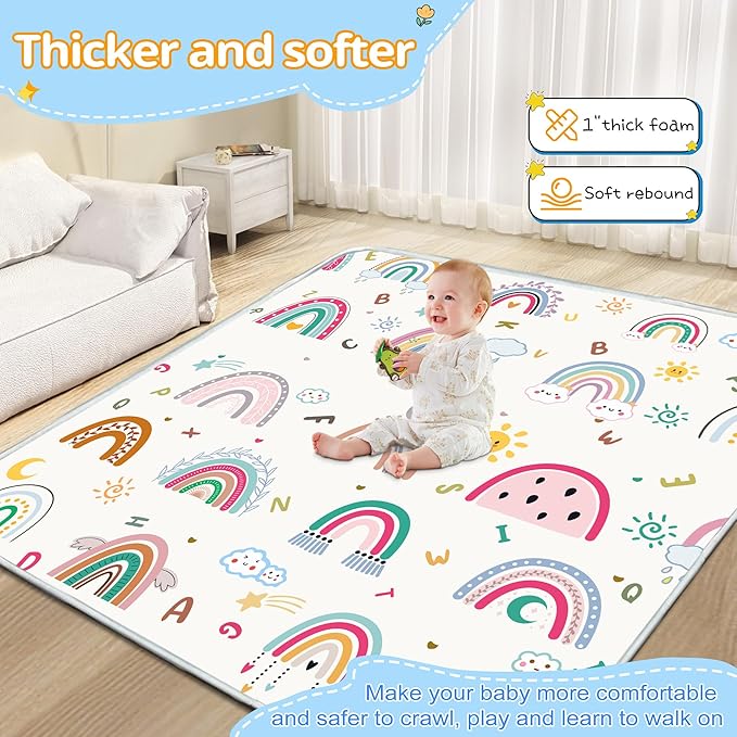 Baby Play Mat, 1-Inch Thick Foam 50" X 50" Playpen Mat,Waterproof & Non - Slip Playmat for Baby Play on Floor, Wipe - Clean, Ideal for Infants, Toddlers & Kids' Crawling and Tummy Time(Rainbow)