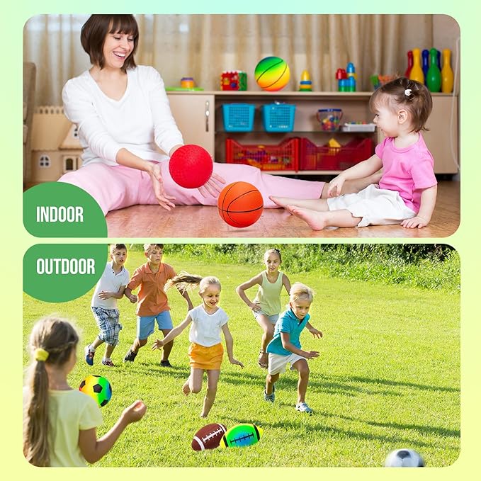 Balls for Toddlers Kids - 7 Pack 5" Small Playground Balls Soft Rubber - Indoor Outdoor Toddler Toys - 2 Footballs, 2 Basketballs, 2 Soccer Balls 1 Kickball -Birthday Gift Boys Girls 1-3 3-5