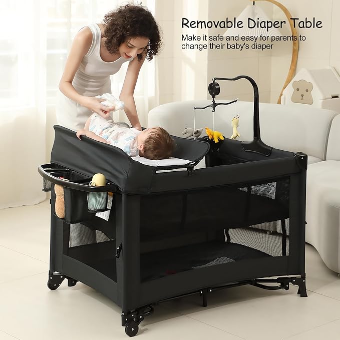 5 in 1 Pack and Play, Baby Bassinet Bedside Sleeper, Baby Playard, Bedside Crib with Changing Table, Foldable Travel Playard for Newborn to Toddles (Black)