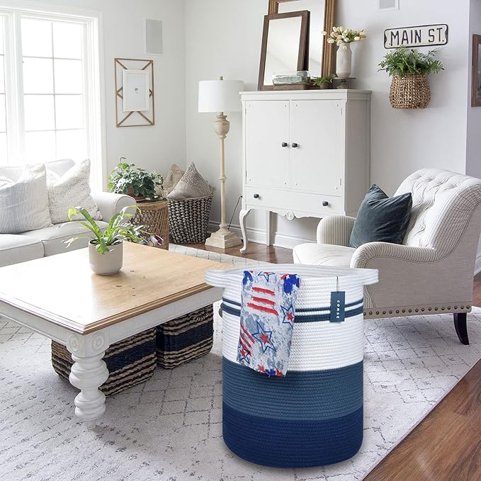 COMSE Extra Large Blanket Basket, Tall Laundry Basket, Nursery Hamper, 15.7”x 21.7”, Cotton Rope Woven Laundry Hamper for Storage Toys Clothes Towels, Gradient Blue